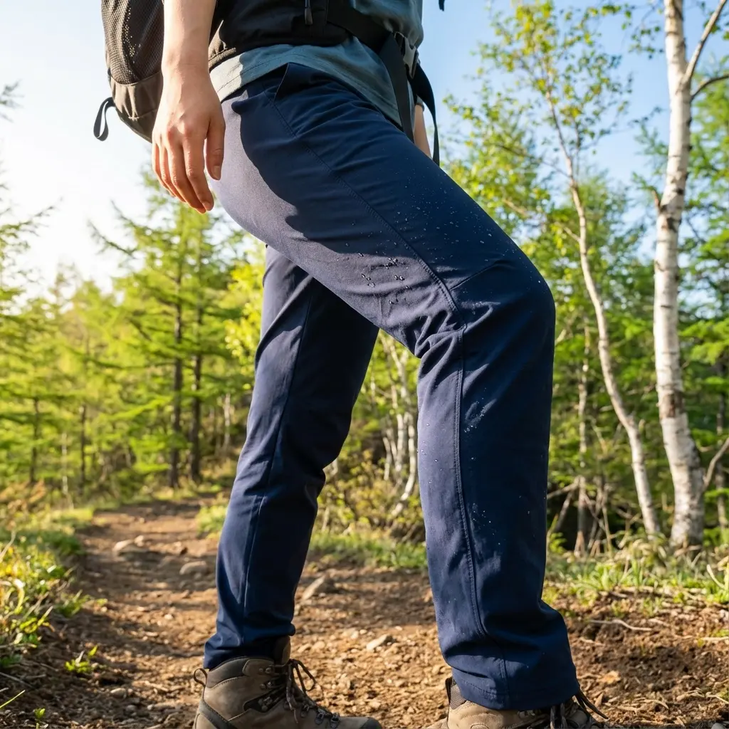 春の山道を歩くハイカーのトレッキングパンツ