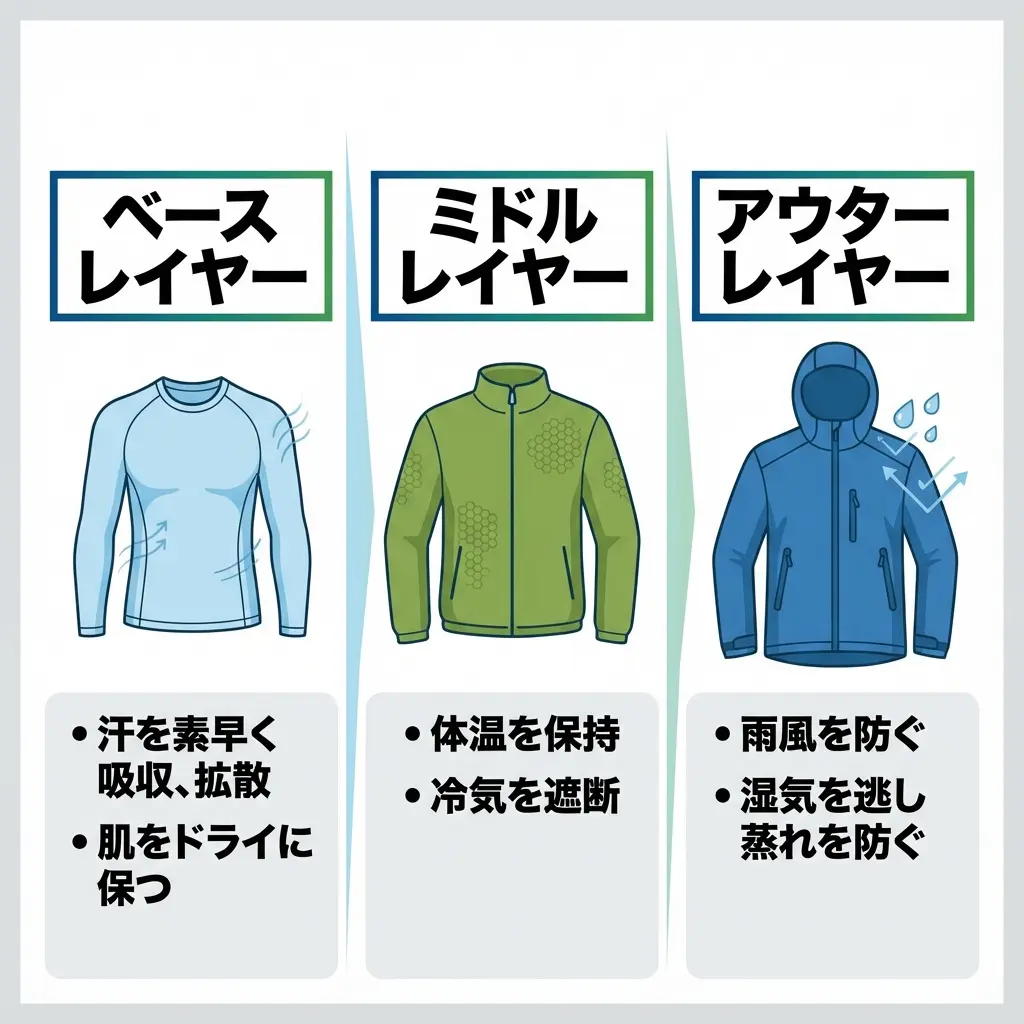 登山レイヤリングの重ね着システム