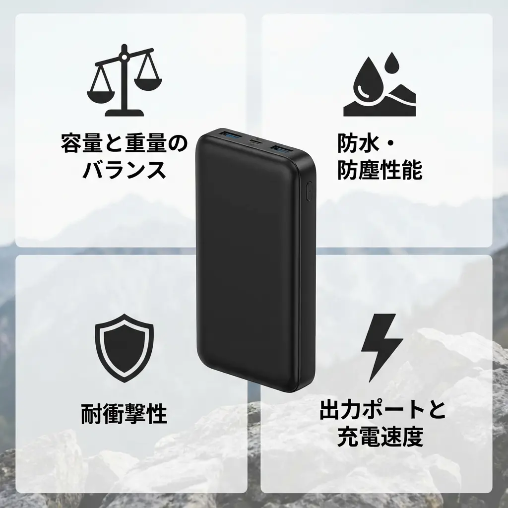 登山用モバイルバッテリー選択のポイントを示すインフォグラフィック