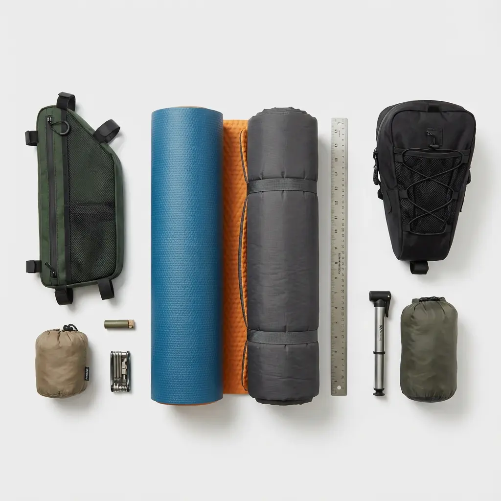 自転車のフレームバッグとサドルバッグにマットを収納する様子