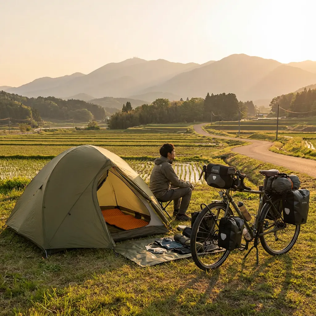 自転車に荷物を積み、テントを張ってマットを敷く自転車旅行者の様子