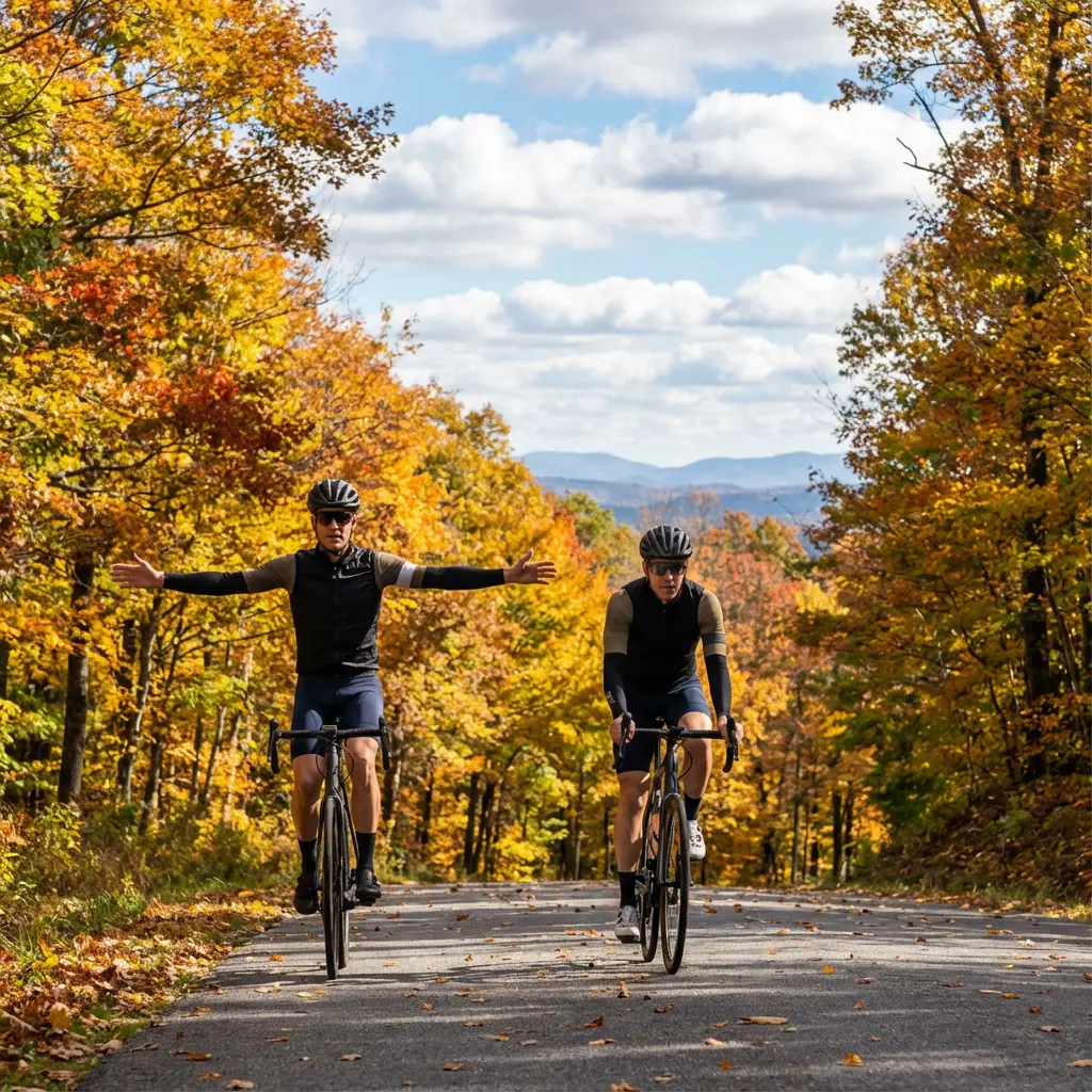 秋の丘陵地帯を爽快に走るロードバイクライダー
