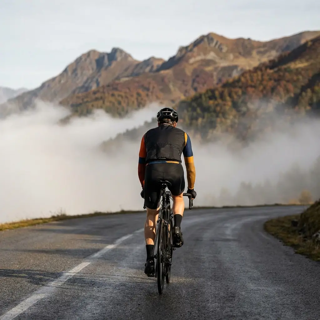 秋の早朝、山岳道路を走るロードバイクライダー