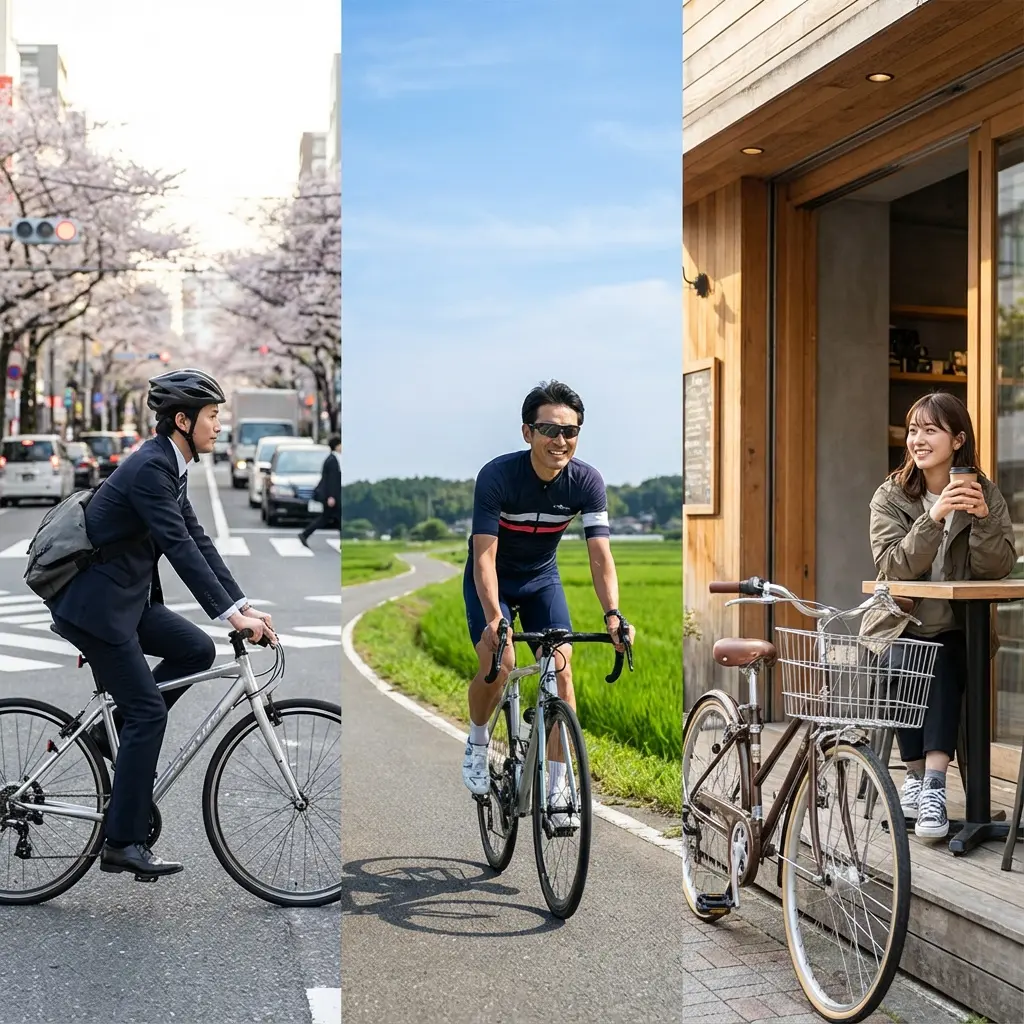 通勤、週末ツーリング、カフェ巡りなど利用シーンごとのペダル選びイメージ