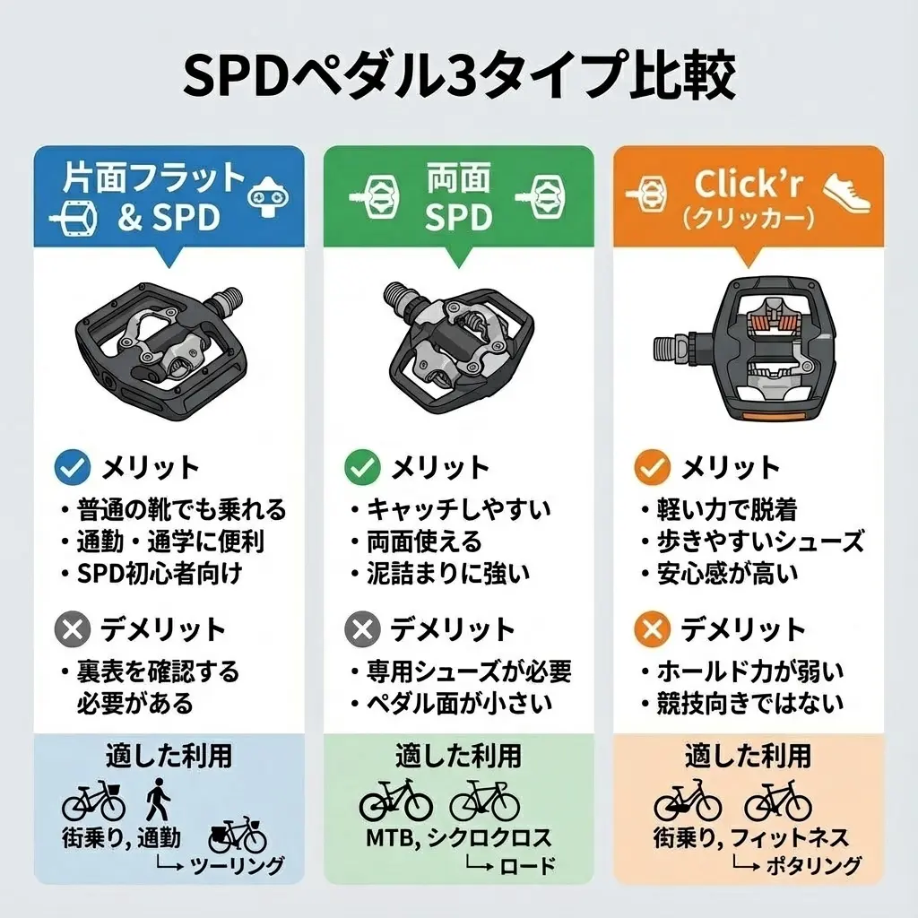 SPDペダルの種類（片面・両面・クリッカー）の違いを比較した図解