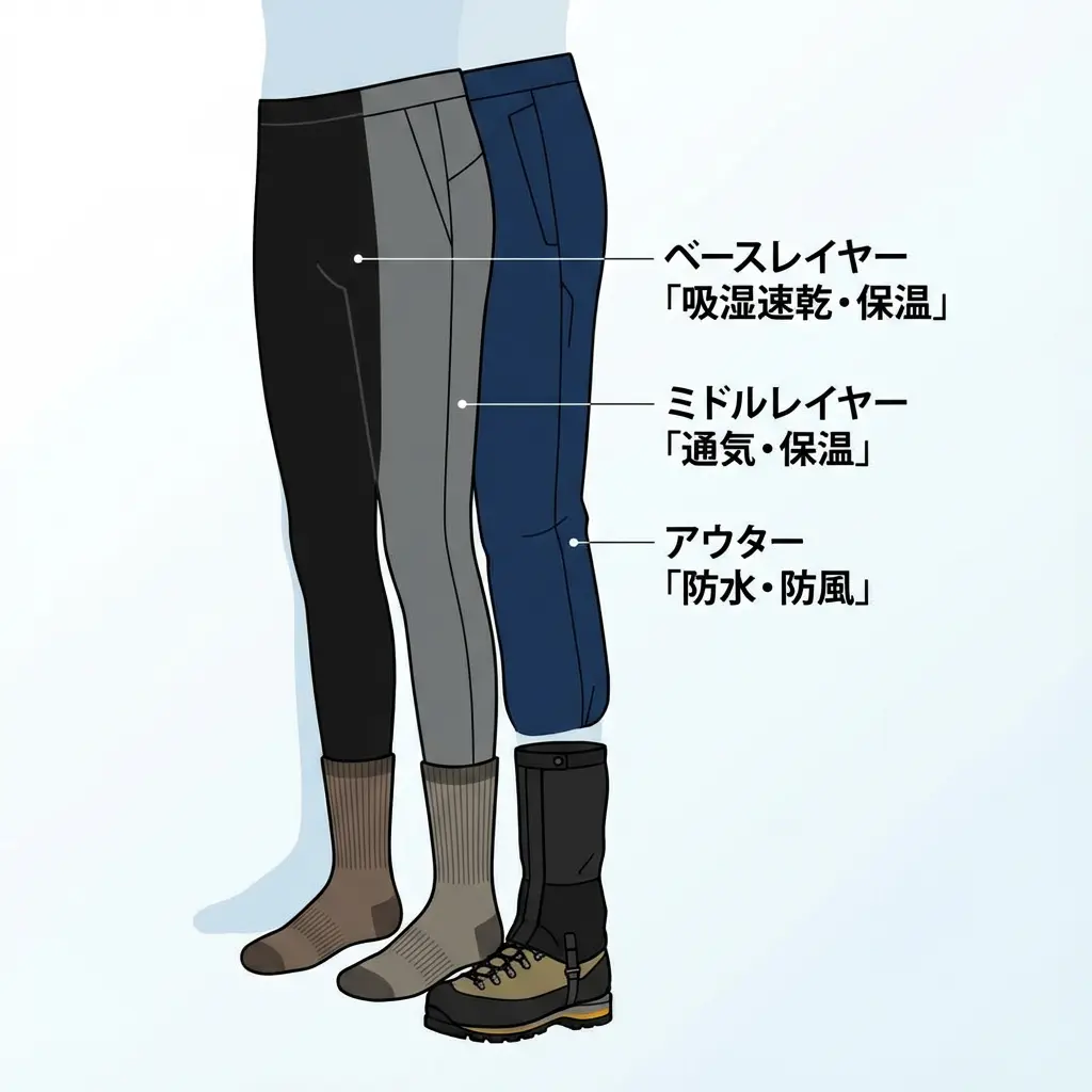 ベースレイヤータイツ、ソフトシェルパンツ、ハードシェルパンツの重ね着を図解したイラスト