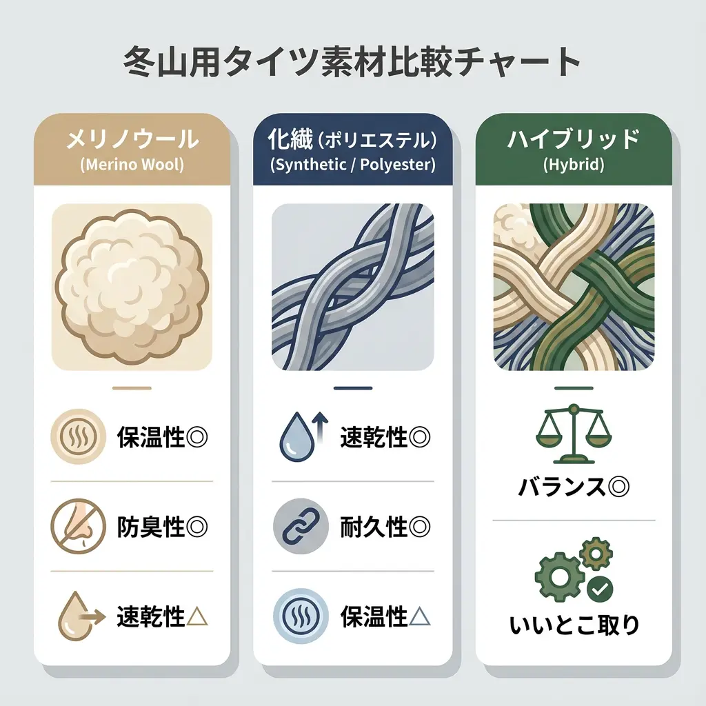 メリノウール、化繊、ハイブリッド素材の機能比較チャート図