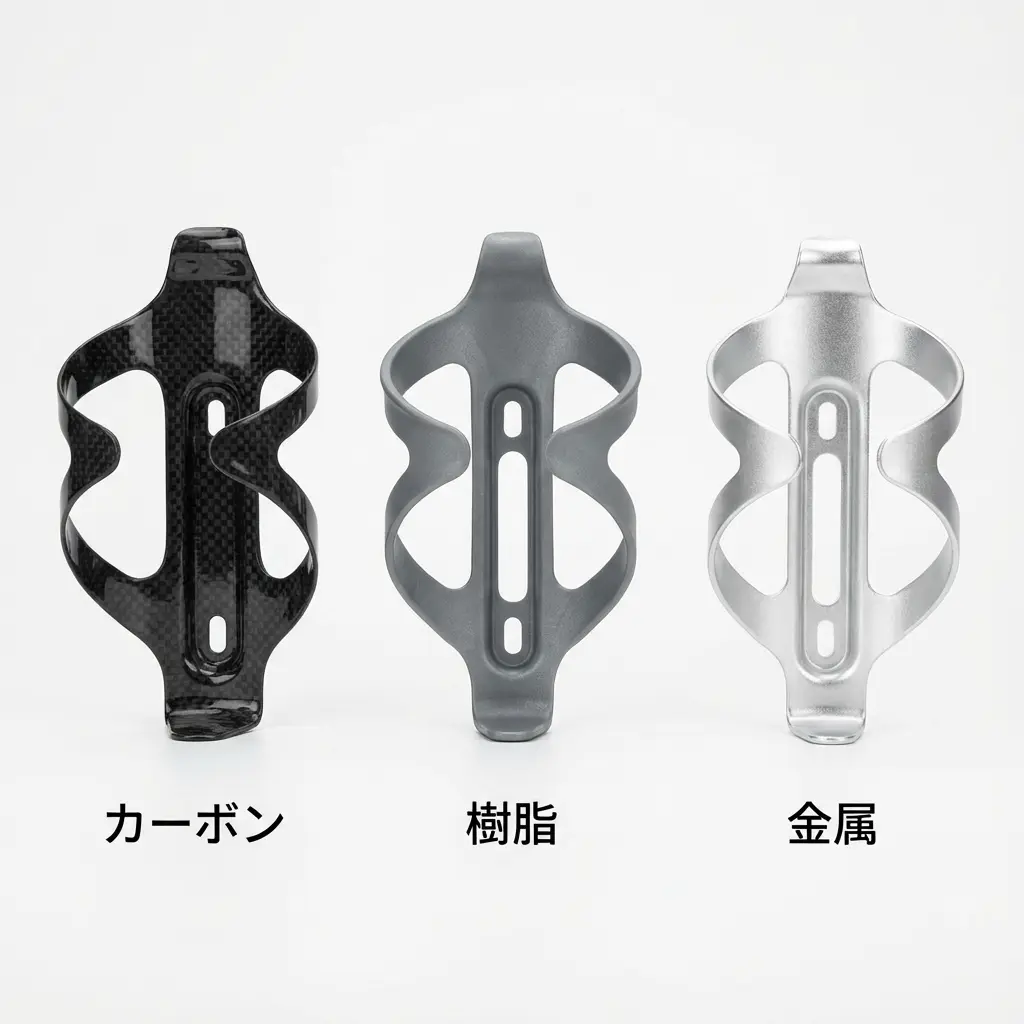 カーボン、樹脂、金属の3種類のボトルケージを並べた素材比較写真