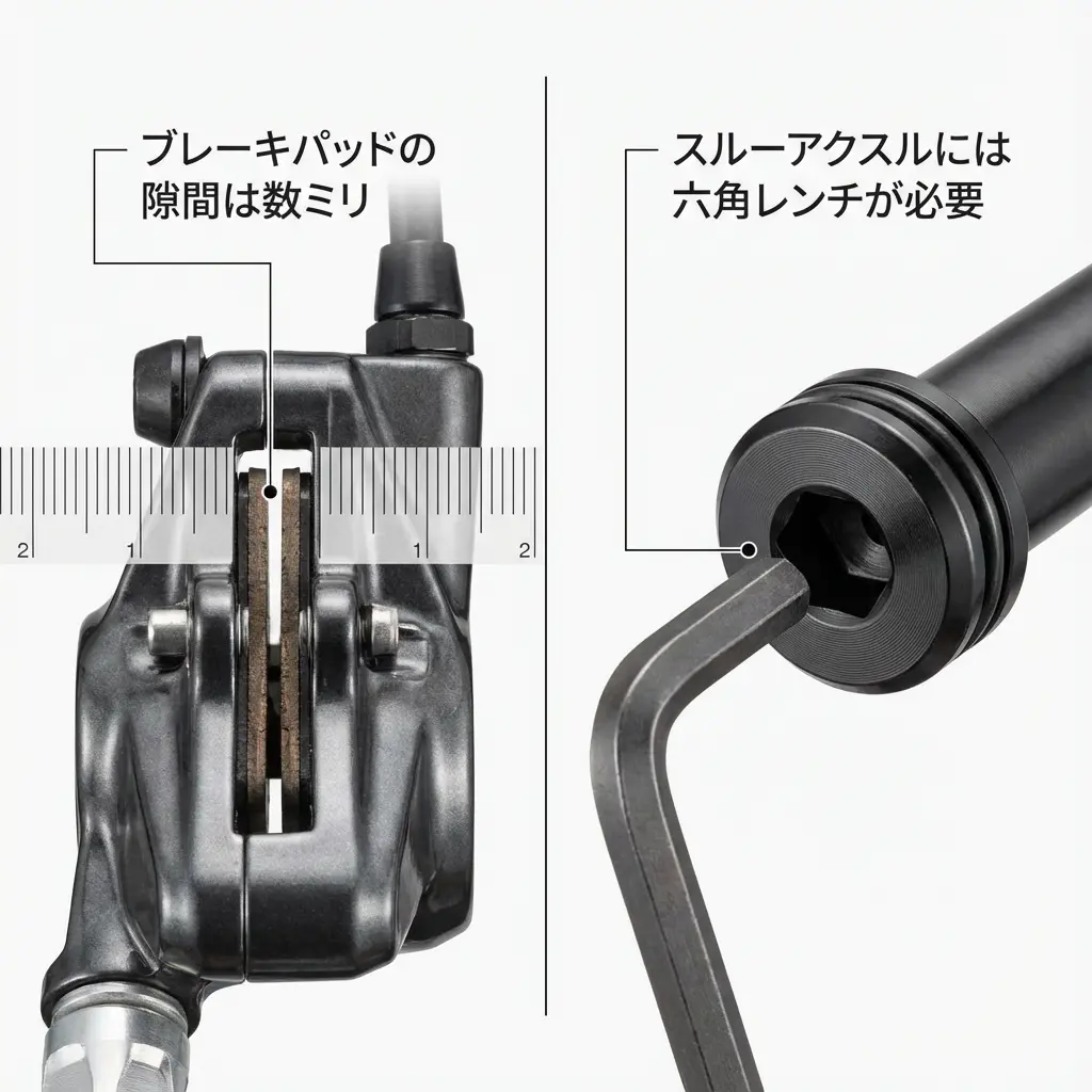 ディスクブレーキキャリパーとスルーアクスルの構造アップ