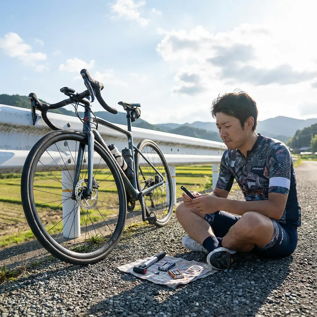 ディスクブレーキロードバイクのパンク修理キット一式と困っているサイクリスト