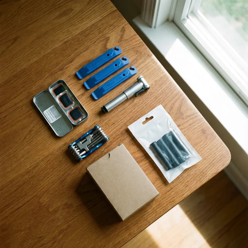 パンク修理に必要な6つのアイテムを並べた様子