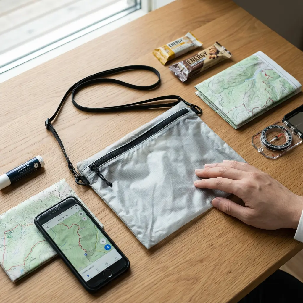 軽量なサコッシュと登山小物が並ぶパッキングの様子