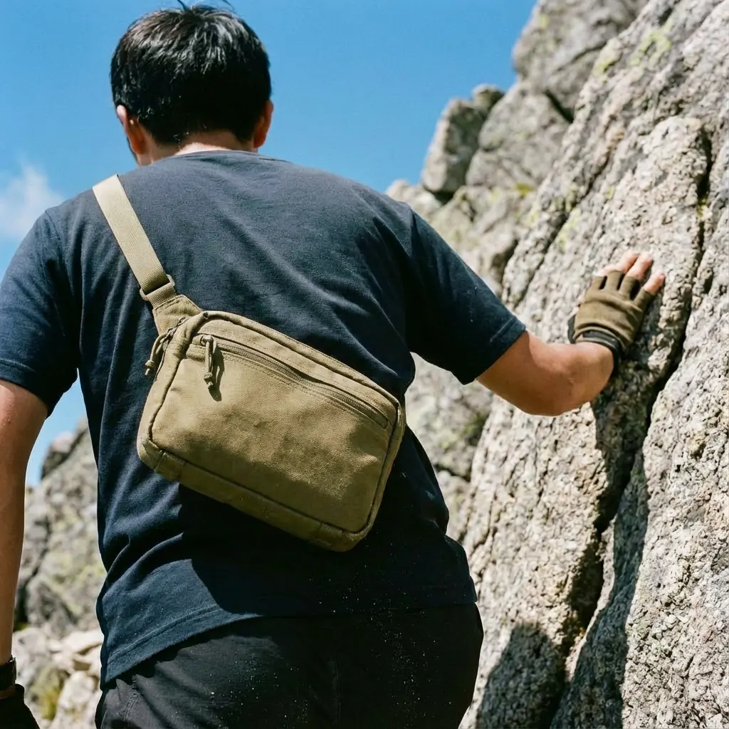 岩場を登る登山者と頑丈なサコッシュ
