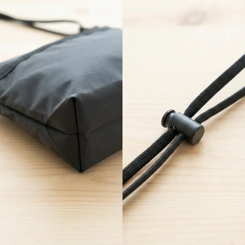 サコッシュのマチとストラップ調整部分の拡大