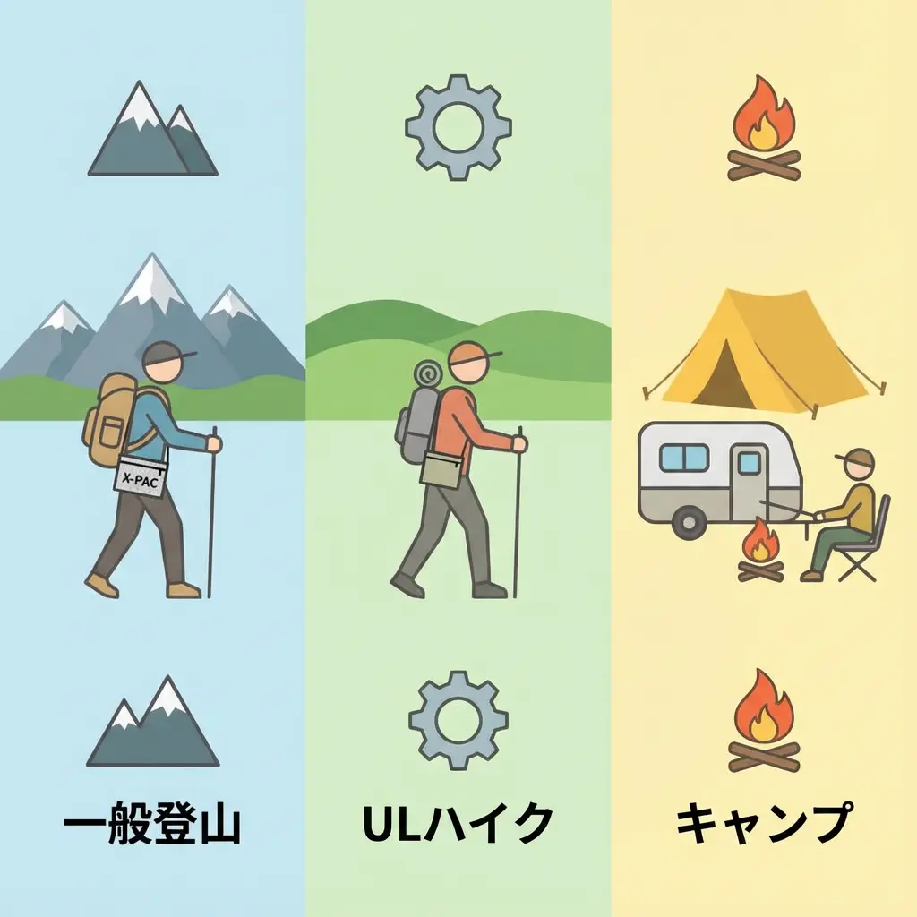 3つの異なるシーンでのサコッシュ活用イメージ