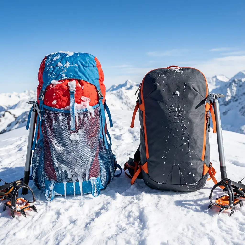 雪が付着して凍結した夏用ザックと、雪を弾くアルパインザックの比較イメージ