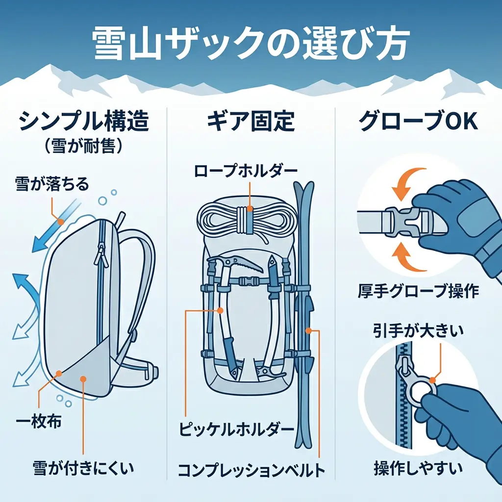 雪山用ザックの選び方ポイント：背面システム、ギアホルダー、バックル操作の図解