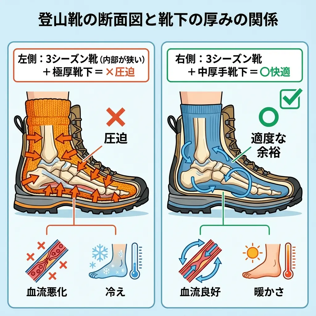 靴下の厚みと靴のフィット感の関係を示す図解