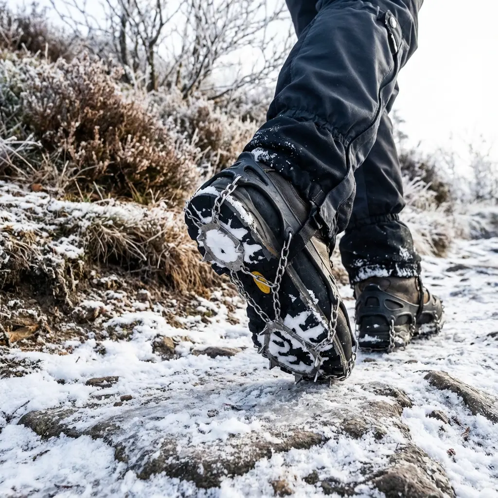 雪の積もった登山道をチェーンスパイクで歩くハイカーの足元