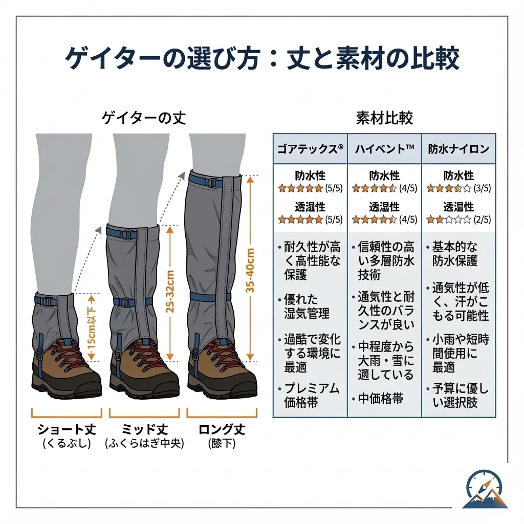 ゲイターの丈の長さと素材の種類の比較図
