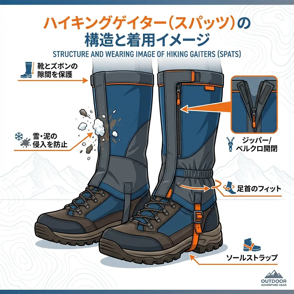 ゲイターの構造と装着イメージの図解