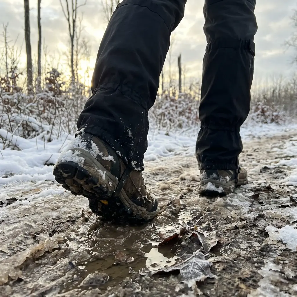 冬の低山ハイクでゲイターを装着して歩くハイカーの足元