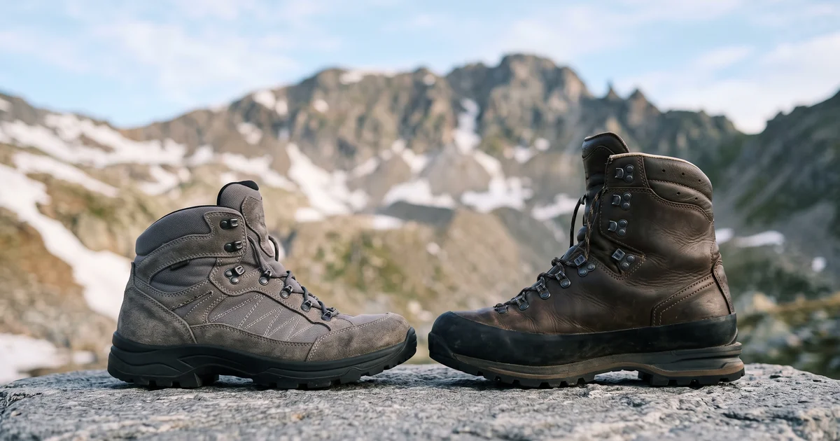 岩の上に並べた、ミッドカットの登山靴と、ハイカットで底の硬い登山靴