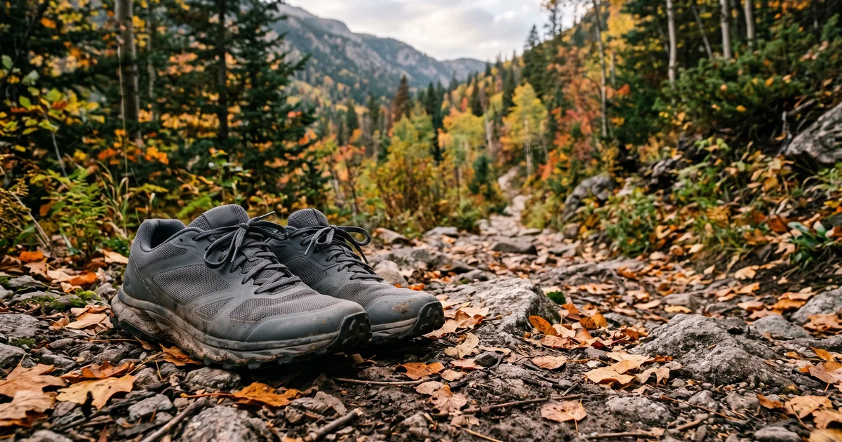紅葉の落ち葉が積もった岩の登山道に置かれた、灰色のトレイルシューズ