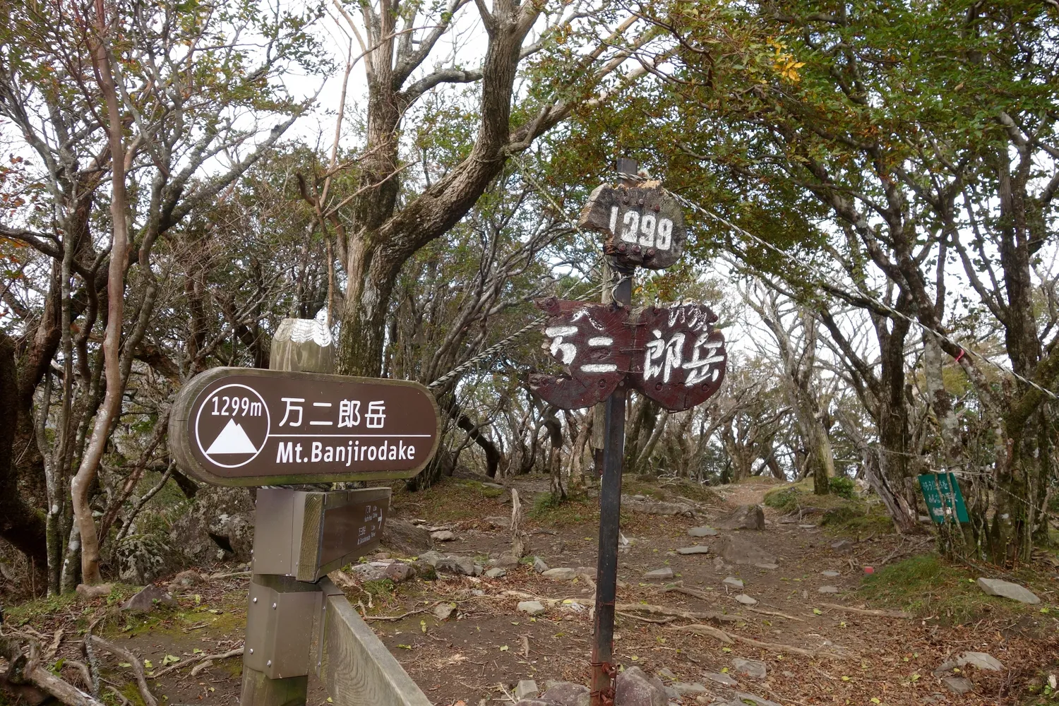 万二郎岳の山頂標識(標高1,299m)