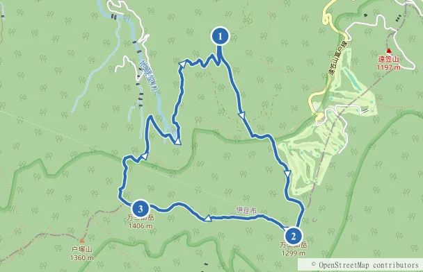 天城山 シャクナゲコース周回（天城縦走登山口〜万二郎岳〜万三郎岳）のルート地図