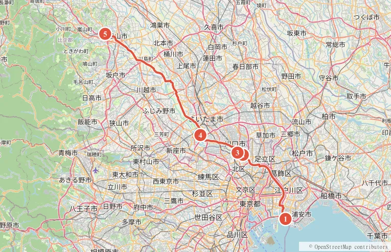 荒川サイクリングロードのルート地図（葛西臨海公園から武蔵丘陵森林公園までの5スポット）