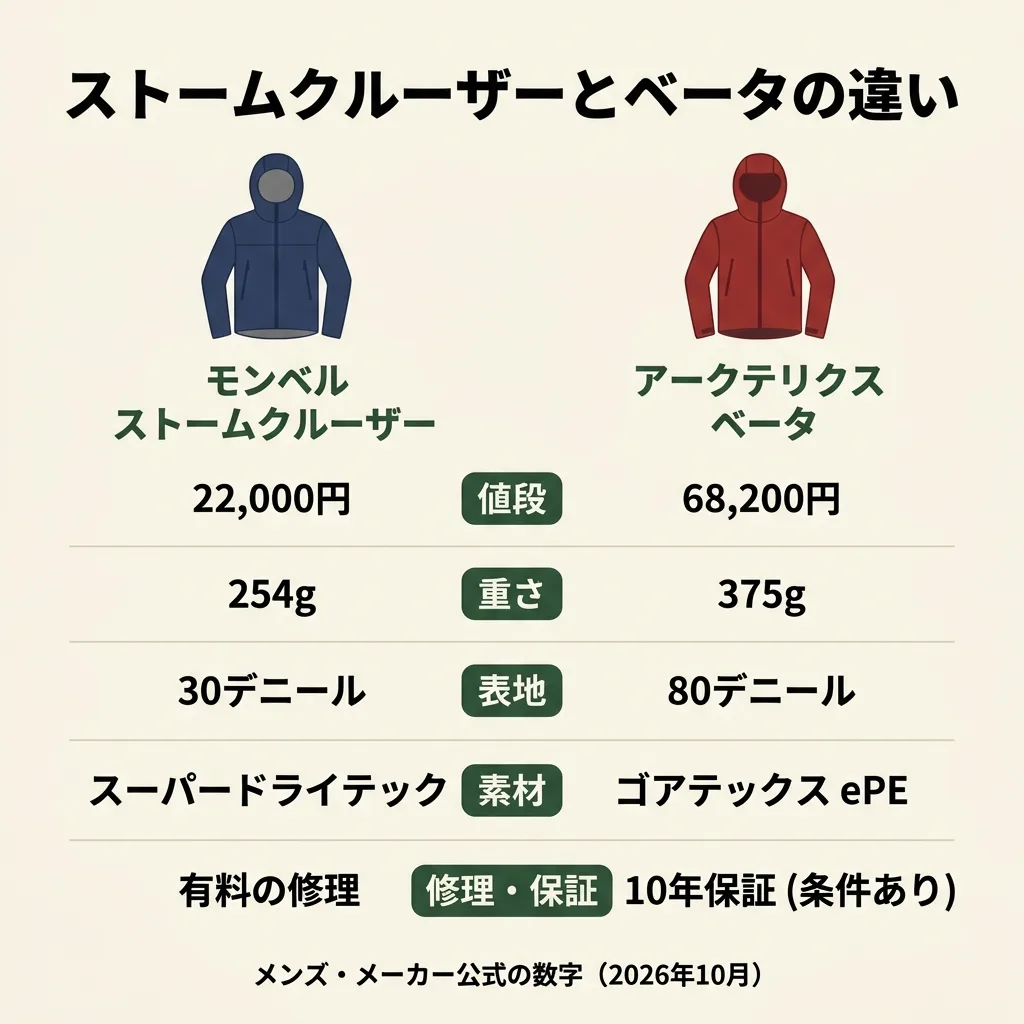 モンベルのストームクルーザーとアークテリクスのベータ(メンズのジャケット)の違いの図。値段は22,000円と68,200円、重さは254gと375g、表地は30デニールと80デニール、素材はスーパードライテックとゴアテックス ePE、修理と保証は有料の修理と10年保証(条件あり)。メーカー公式の数字(2026年10月)