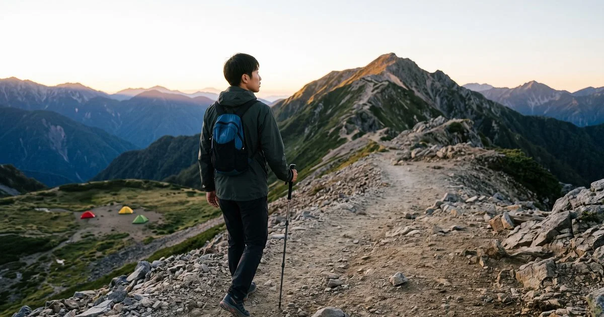 小さなザックだけを背負って稜線を山頂へ向かう登山者