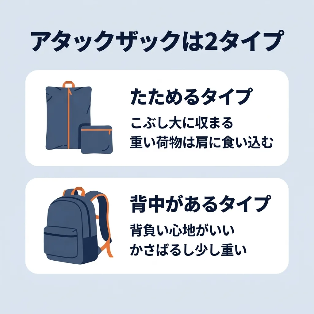アタックザックの2タイプ：畳めるパッカブル型と背面構造ありのしっかり型