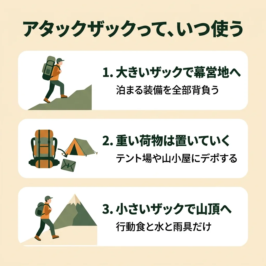 アタックザックの使い方：メインザックをテント場に置き、小型ザックで山頂を往復する