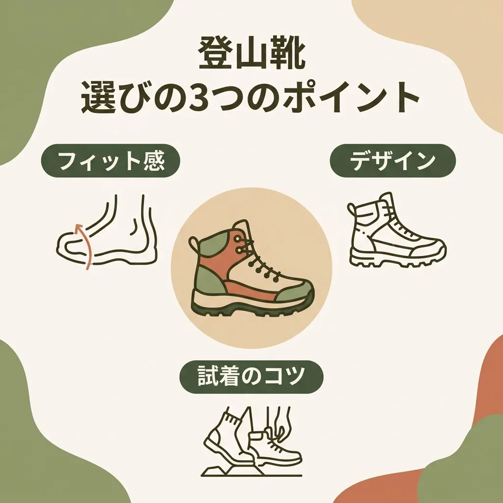 女性向け登山靴選びの3つの基準（フィット感・デザイン・試着）を整理した図