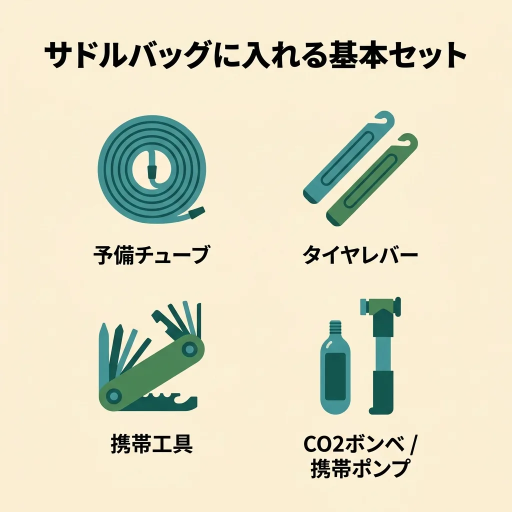 サドルバッグに入れる基本の中身:予備チューブ・タイヤレバー・携帯工具・CO2ボンベ