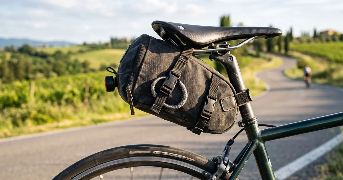 ロードバイクのサドル下に取り付けたサドルバッグのクローズアップ