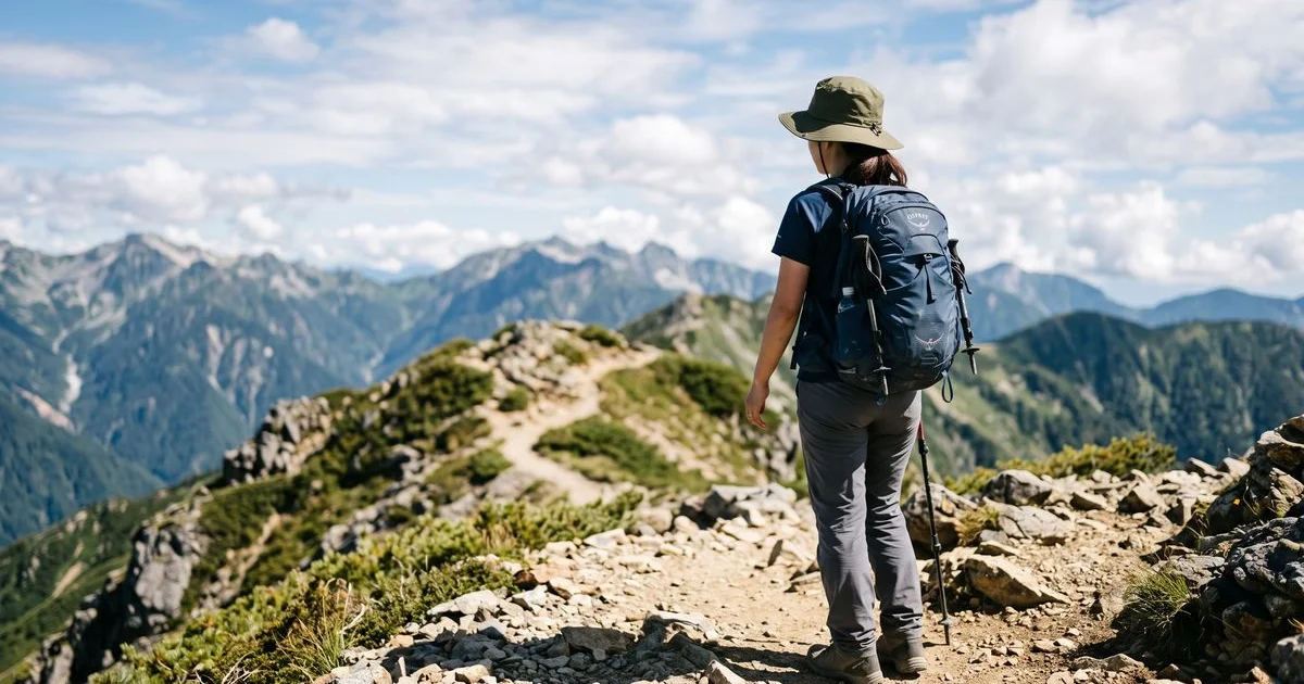 夏の稜線でつば広ハットをかぶって歩く登山者