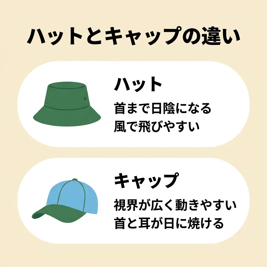 ハットとキャップの違い：日除け範囲と視界のトレードオフ