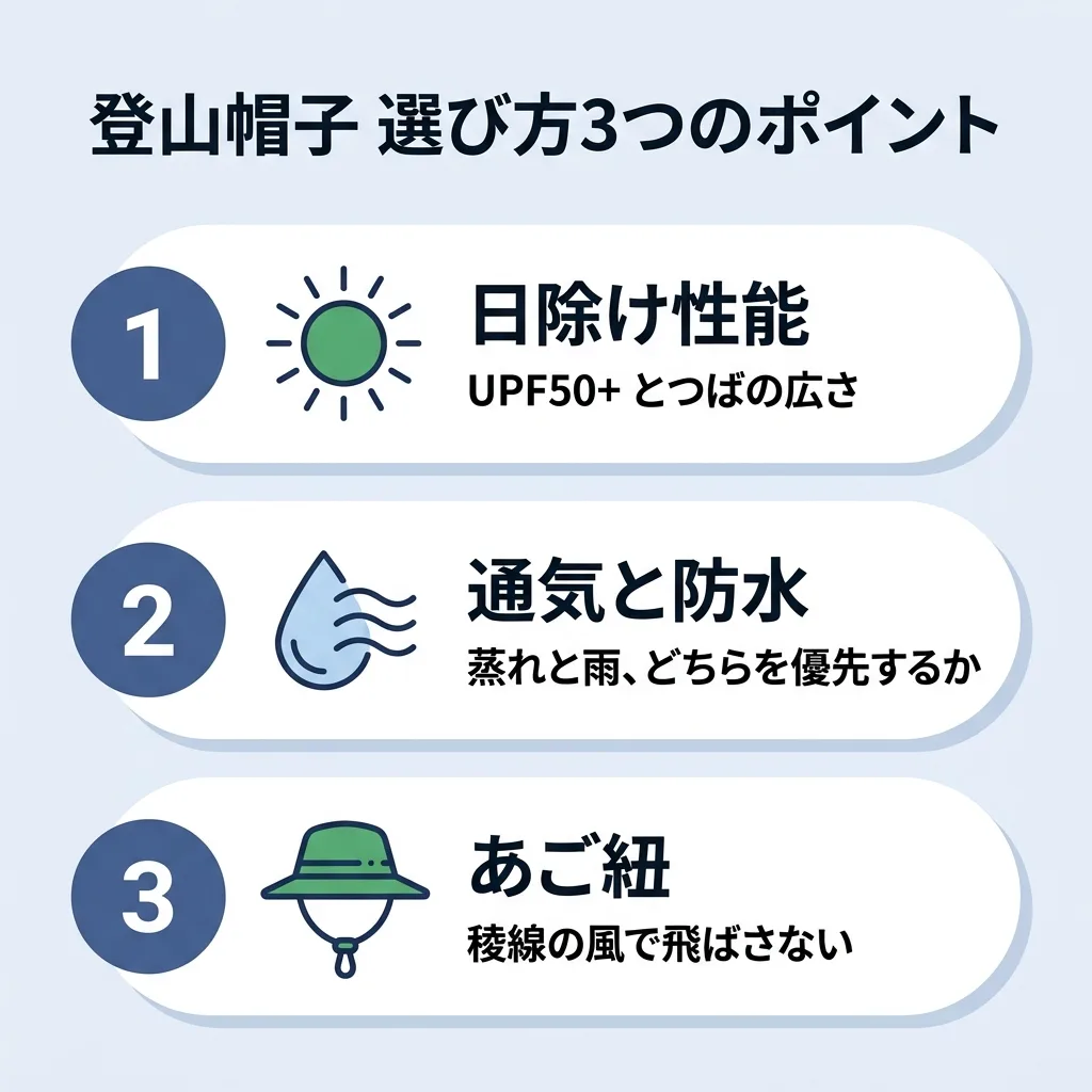 登山帽子の選び方3ポイント：日除け性能・通気と防水・あご紐