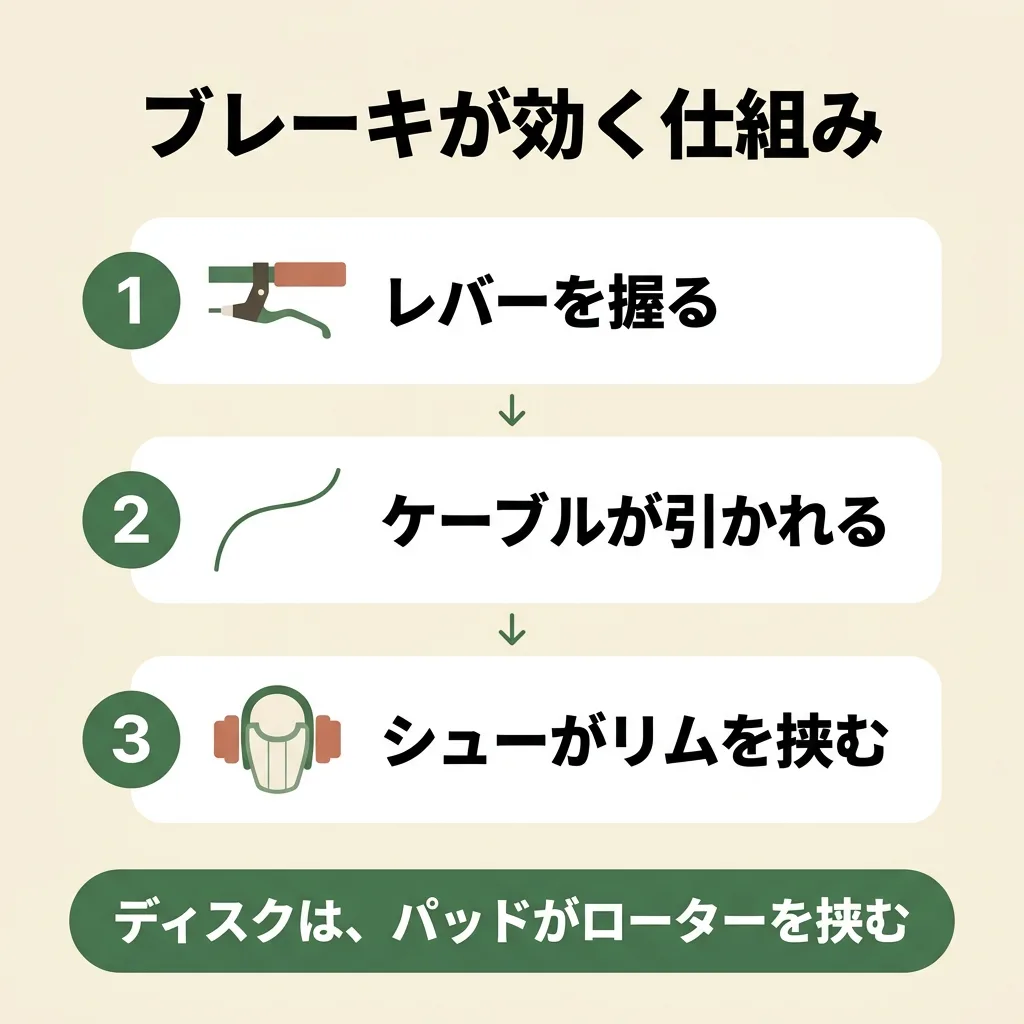 ブレーキが効く仕組み。レバーを握ると、ケーブルが引かれて、シューがリムを挟む。ディスクブレーキは、パッドがローターを挟む