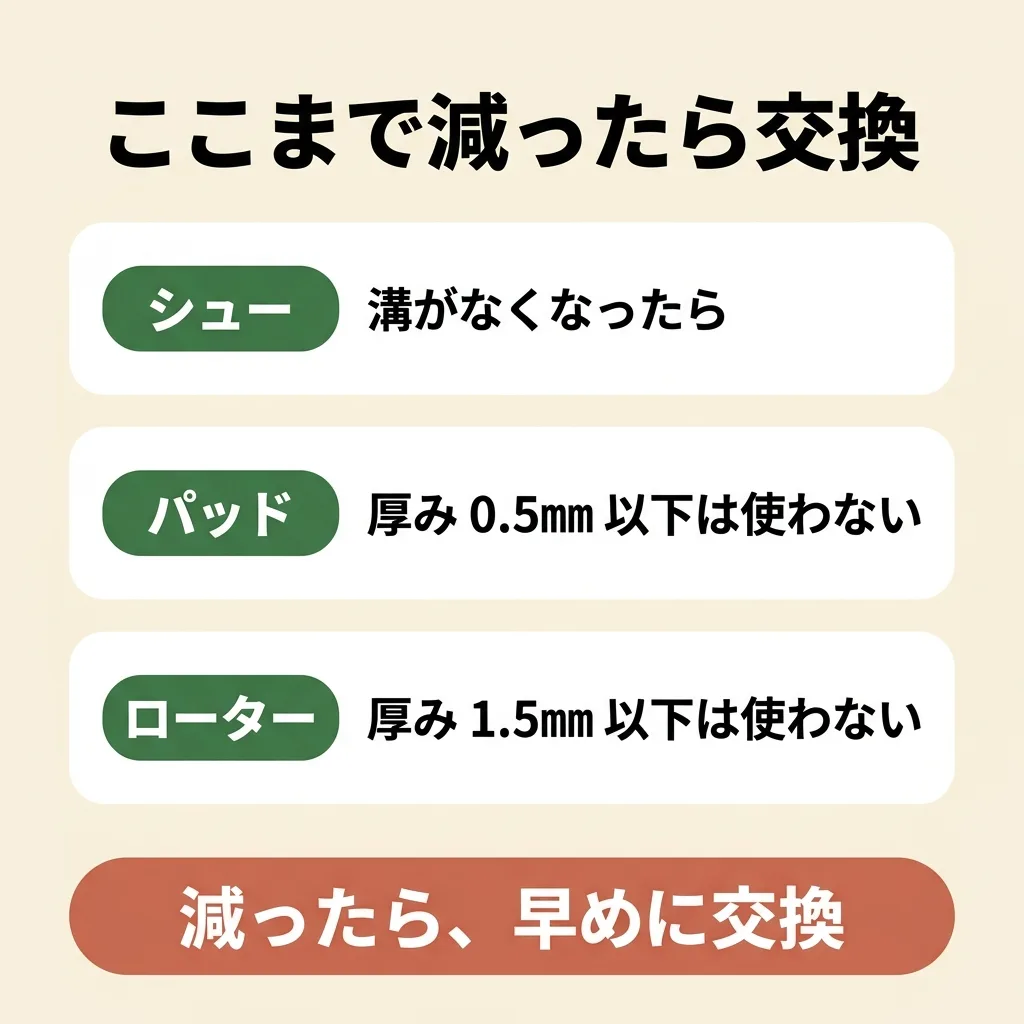 ブレーキの交換の目安。ブレーキシューは溝がなくなるまで、ディスクブレーキのパッドは厚み0.5mm以下で使わない、ローターは厚み1.5mm以下で使わない