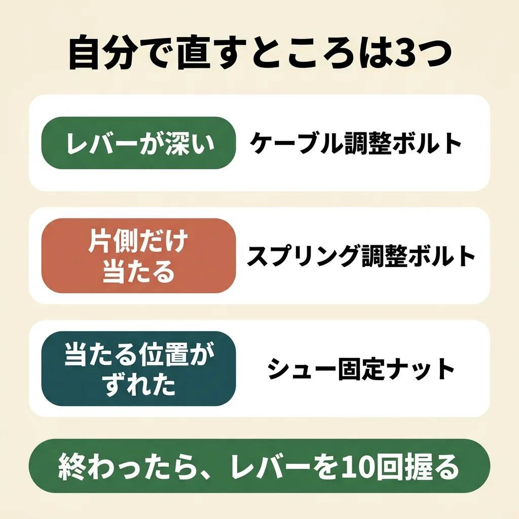 Vブレーキで自分で直すところは3つ。レバーが深いときはケーブル調整ボルト、片側だけ当たるときはスプリング調整ボルト、当たる位置がずれたときはシュー固定ナット。終わったら、レバーを10回握って確かめる