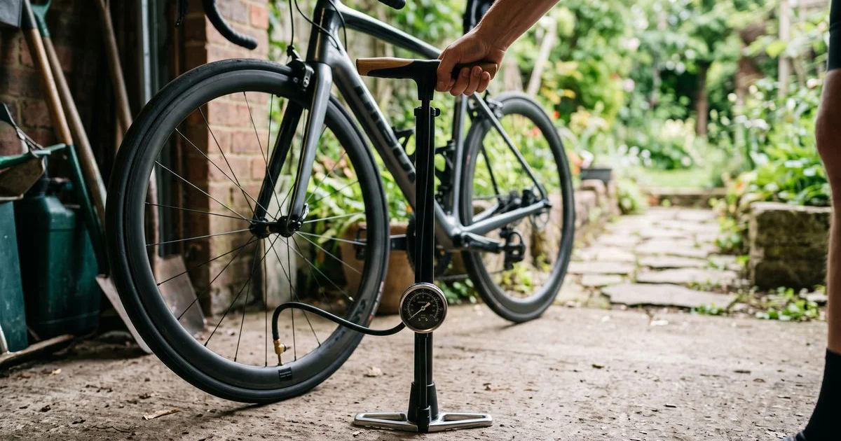 ロードバイクのタイヤに空気を入れる自転車用フロアポンプのクローズアップ
