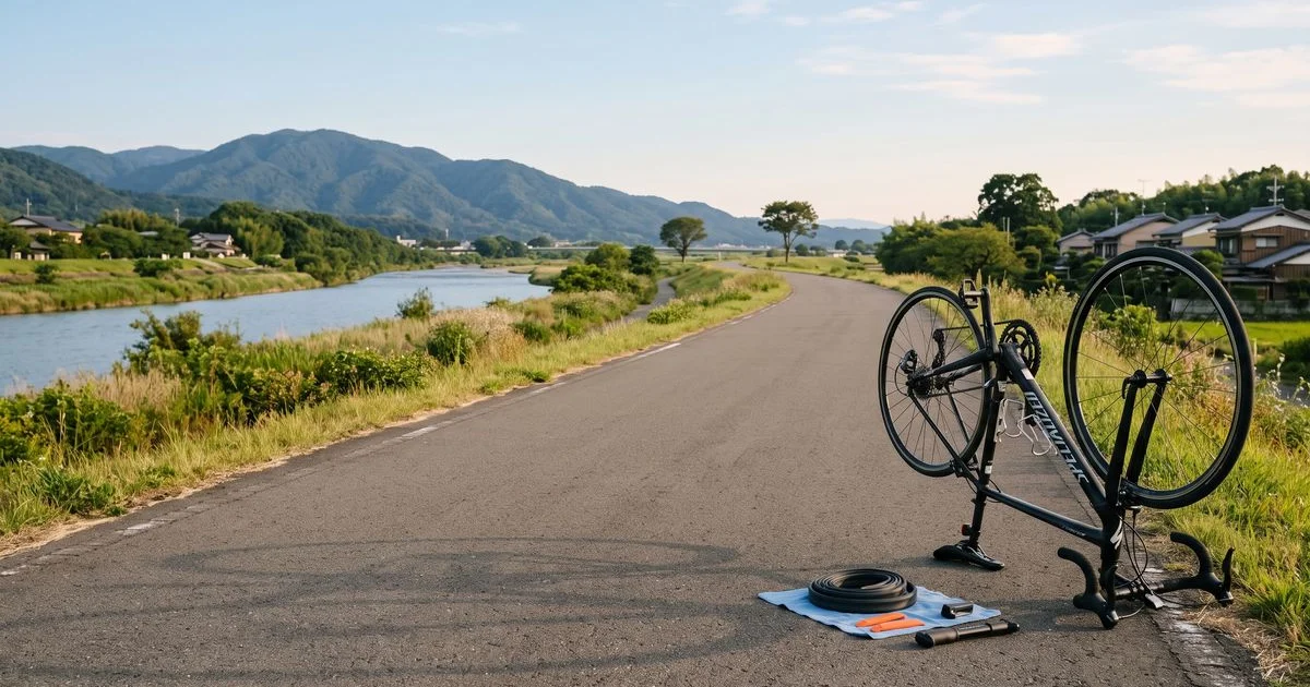 サイクリングロードの路肩でパンクを直している自転車。ホイールを外してタイヤレバーと携帯ポンプが地面に置かれている