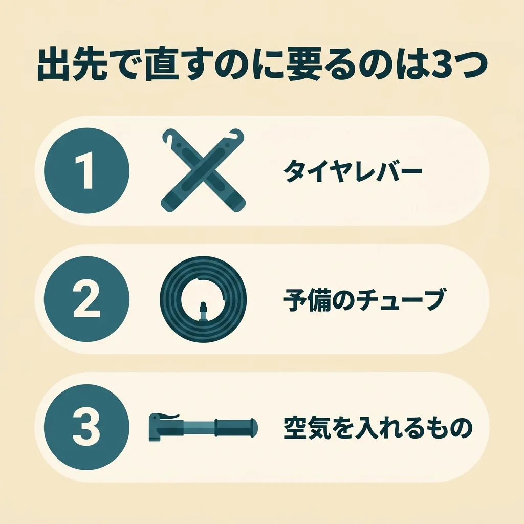 出先のパンクに最低限そろえる3点:タイヤレバー、予備チューブ、携帯ポンプ
