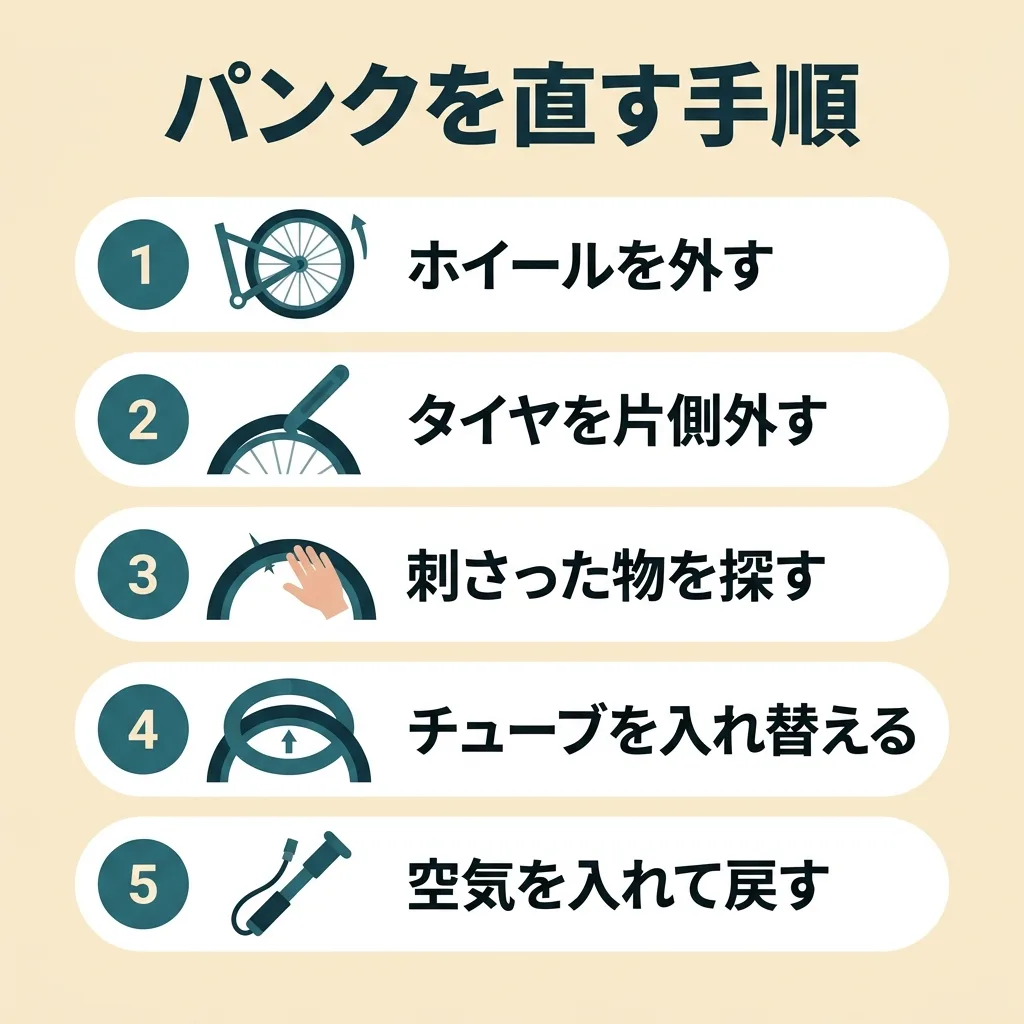 パンク修理の手順:ホイールを外す、タイヤを外す、原因を探す、チューブを替える、空気を入れる