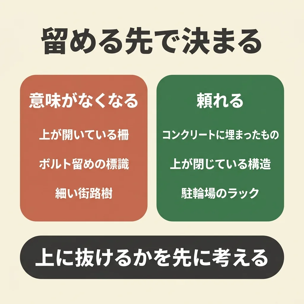 地球ロックが無効になるのは留めた先が動くとき。上が開いた柵やボルト留めの標識はだめ