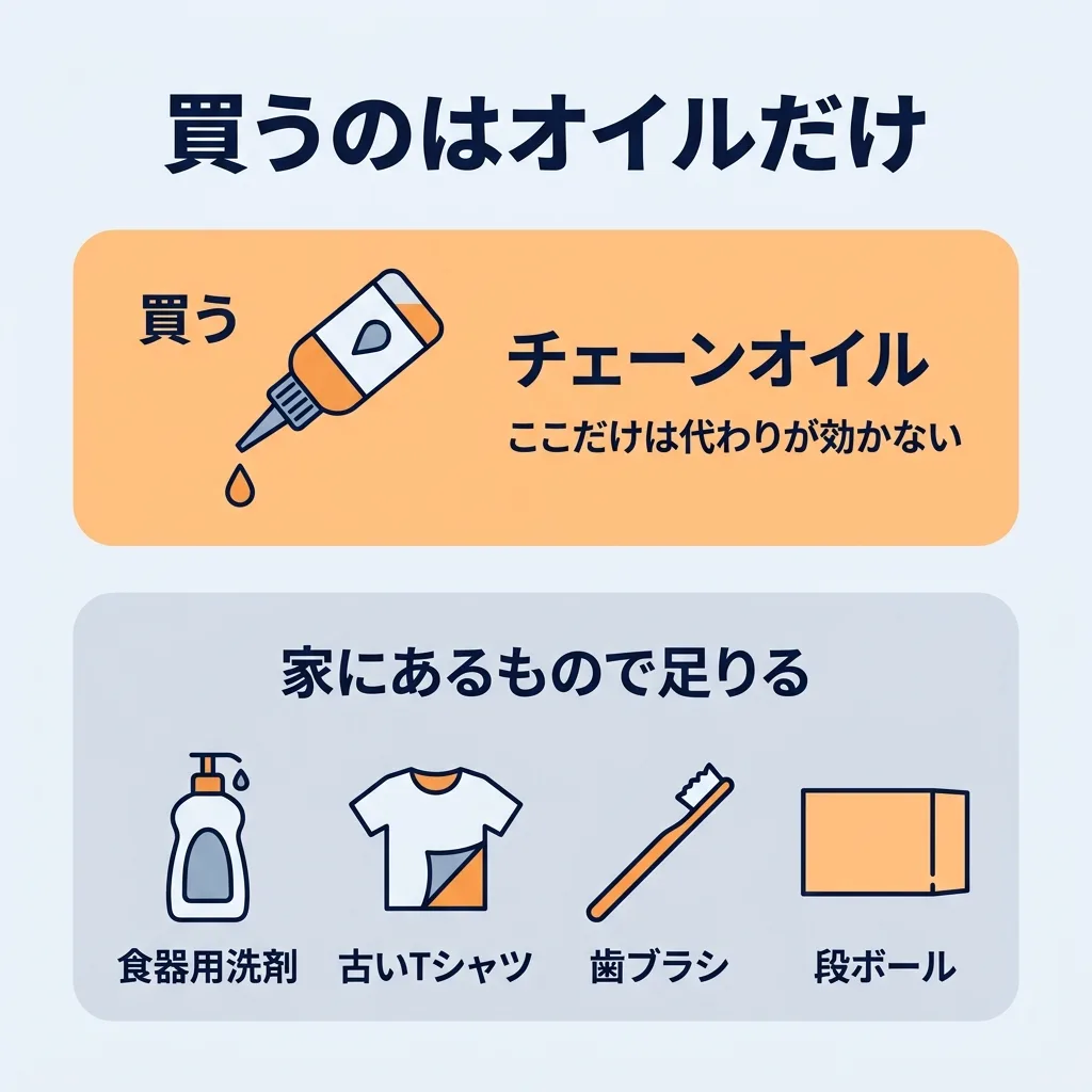 チェーンメンテに要るもの：買うのはオイルだけで、洗剤・ウエス・ブラシは家にあるもので代用できる